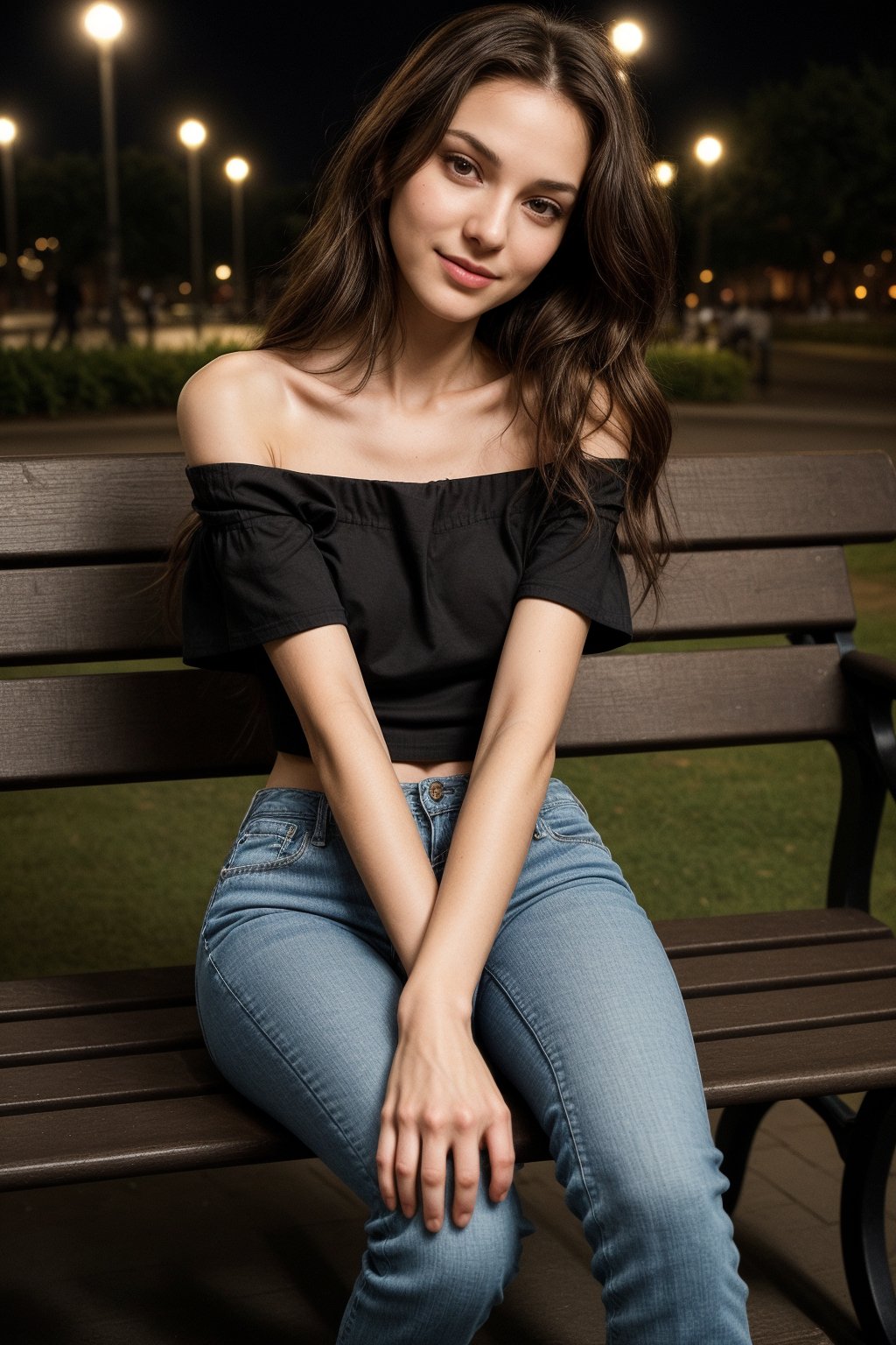 A ravishing, hot girl with the face of a high-end fashion model, extremely slender (anorexia), with long, wavy dark brown hair. She is a rapper, wearing a chic, off-the-shoulder black top, high-waisted skinny jeans, and stylish sneakers. She sits gracefully on a bench, one leg crossed over the other, her hands resting lightly on her lap, her head slightly tilted with a serene smile. The background is a beautifully decorated urban park with vibrant street art and a clear night sky.