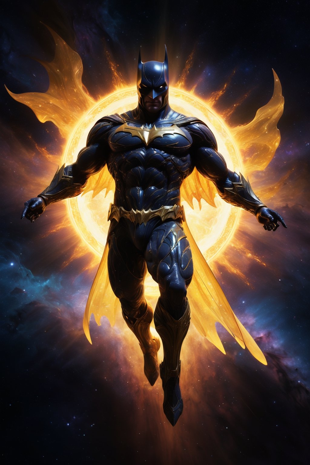 A god-like Batman, his form radiating with divine energy, stands against the backdrop of a swirling cosmic nebula. With a determined expression, he holds the sun in his outstretched hands, the immense power of the star coursing through his veins. The scene is rendered with incredible detail, from the intricate patterns on armor to the turbulent surface of the sun. The colors are vibrant and awe-inspiring, with the blazing yellow of the sun contrasting against the dark void of space. The image is meticulously processed, with realistic lighting and effects that make it seem like a photograph. The overall effect is cinematic, capturing the epic scale and grandeur of the moment.