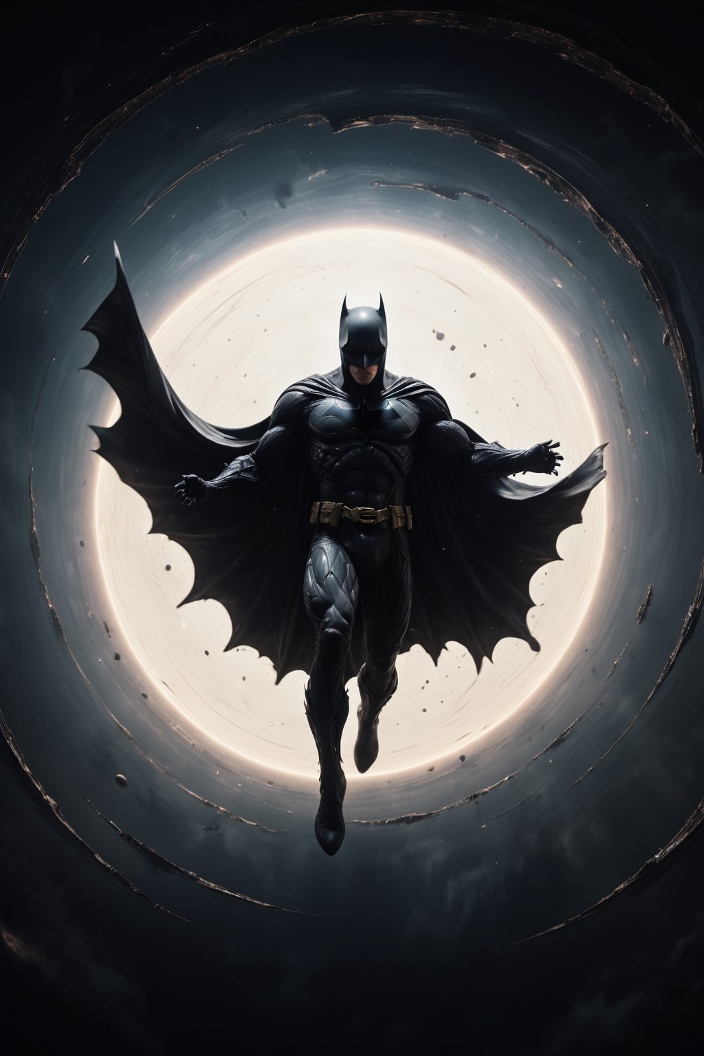 Cinematic shot of Batman, a god-like figure, levitating within the endless void of space. A black hole swirls ominously behind him, its immense gravity distorting the light around him. He spreads his arms wide, a gesture of both defiance and control. The scene is both terrifying and strangely beautiful, capturing the power of nature and the resilience of the human spirit. The art style is modern, with a mix of dark and ethereal colors. The image is rendered with extreme detail and high-quality processing, achieving a level of photorealism and cinematic quality that is truly mesmerizing.