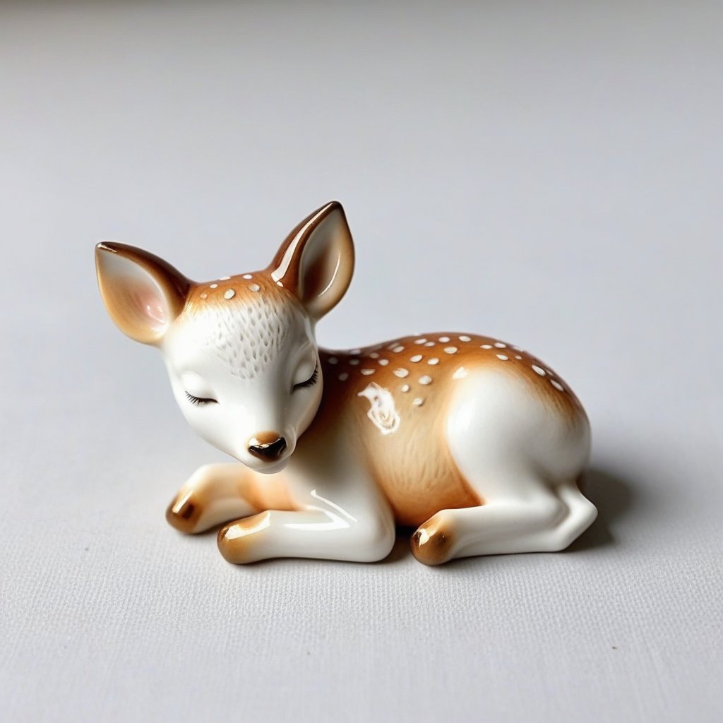 baby ceramic sleeping deer, tiny, white plain backround