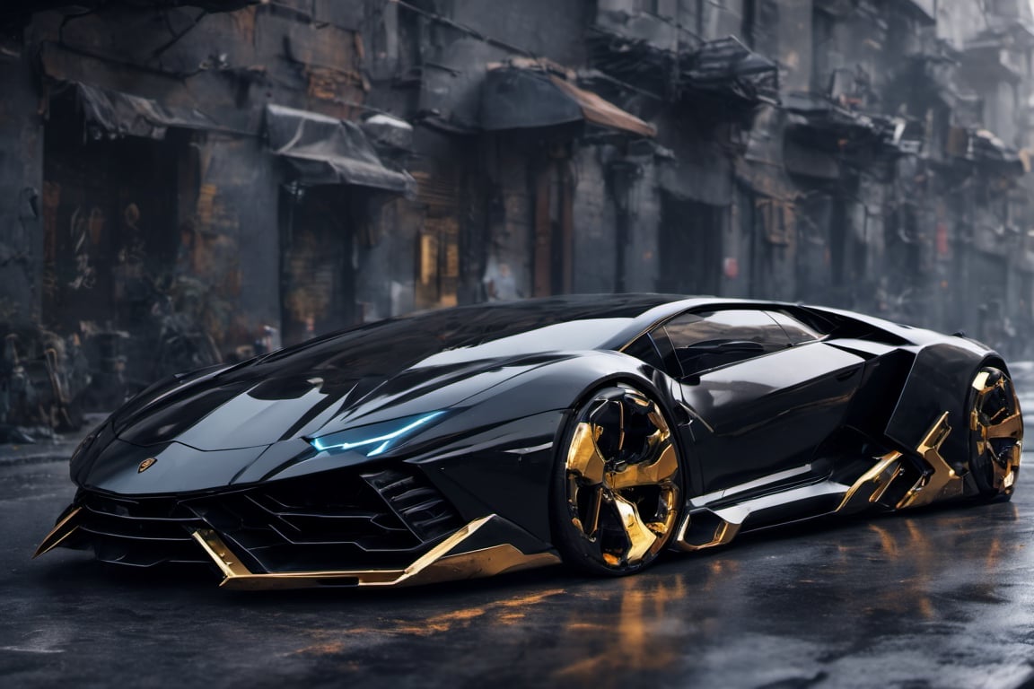 lamborghini, futuristic, concept car, cyborg style,cyberpunk style,  black color with golden wheels