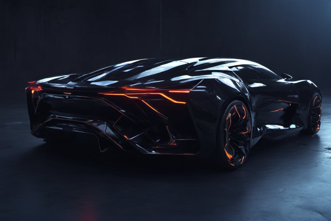 concept sports car, futuristic, black color,cyborg style, luminous lines,