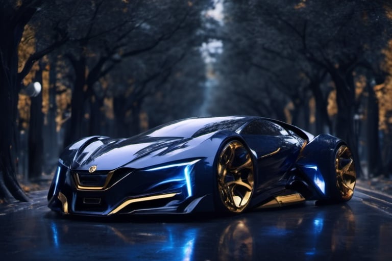 concept sports car, futuristic, cyborg style,cyberpunk style, surrounded by trees, dark blue color, gold color wheels