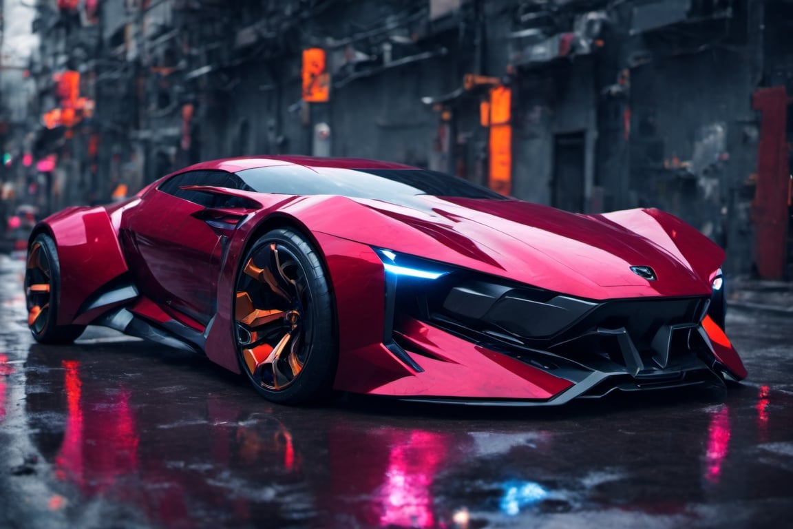 cyborg style,cyberpunk style, concept sports car, futuristic, maroon color