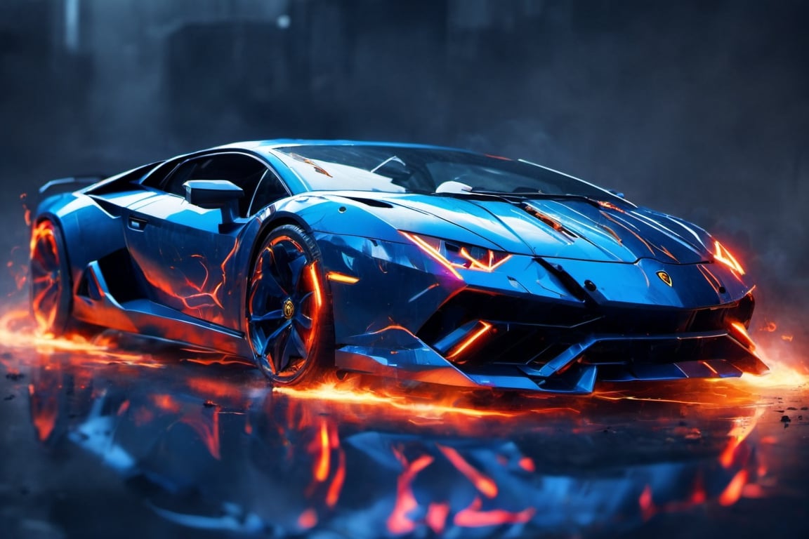 lamborghini, futuristic, cyborg style, blue color, streaks of fire,cyberpunk style