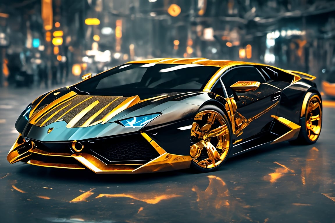 lamborghini, cyberpunk style, cyborg style, futuristic, black and gold color