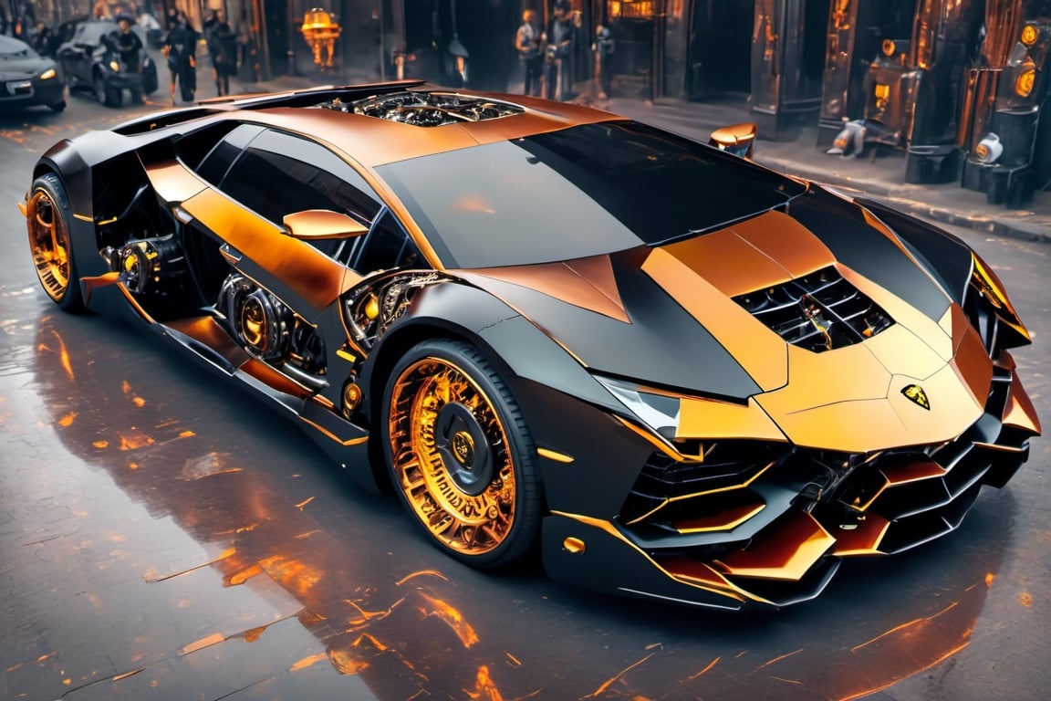 lamborghini, cyborg style,steampunk style, black color body, golden color wheels, futuristic,DonMCyb3rN3cr0XL 