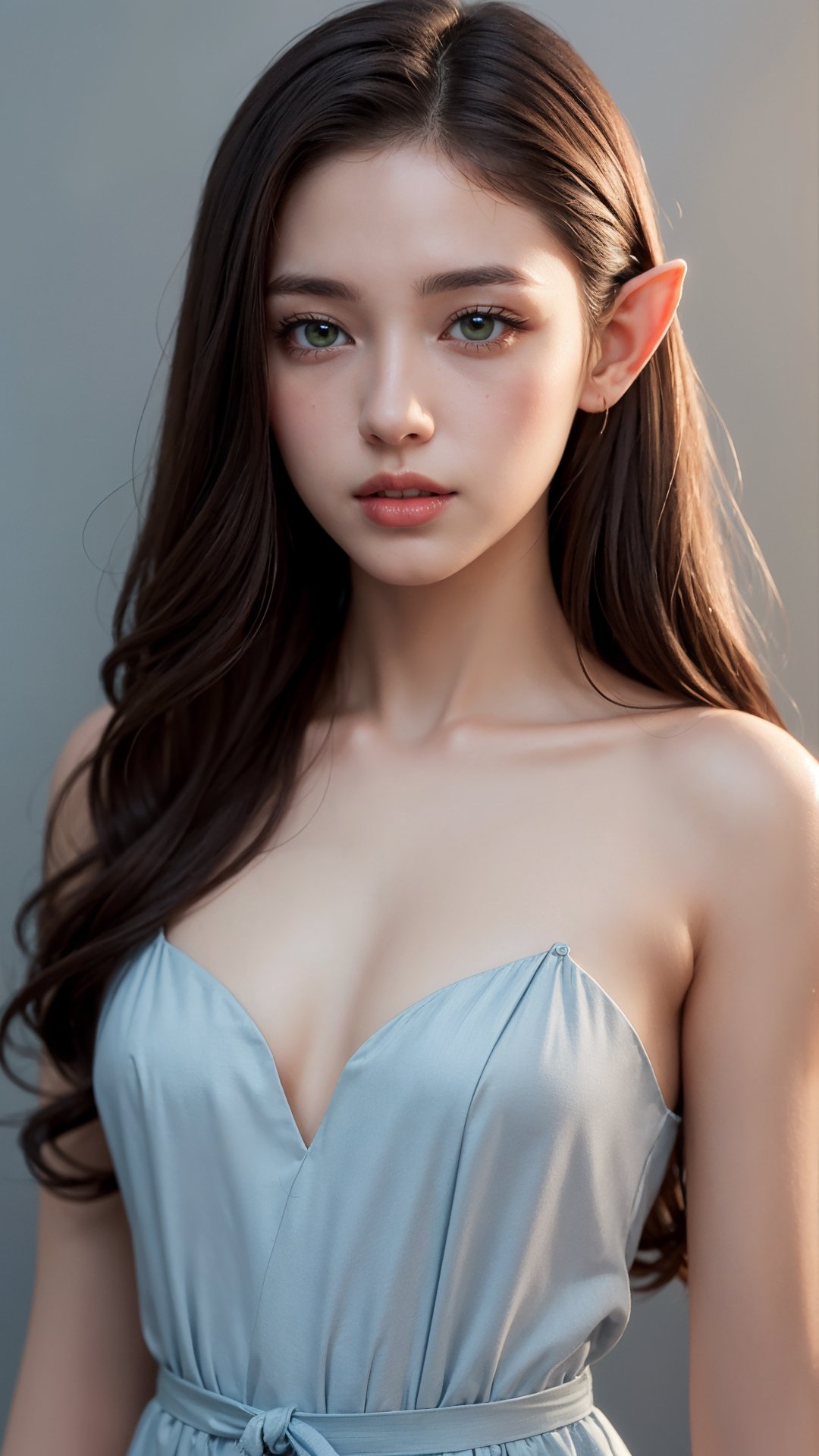 Masterpiece, top quality, realistic, low key, soft light, original photo, grey background, face, only face, look straight ahead, very detailed faces,  take a picture of her face, lens 50mm F1.2, elf, elf girl, 1girl, light blue classical dress, 23 years old, 180cm, thin waist, waist length long curly hair, very long hair, brown hair, green eyes, small breasts, detailed skin, pores.