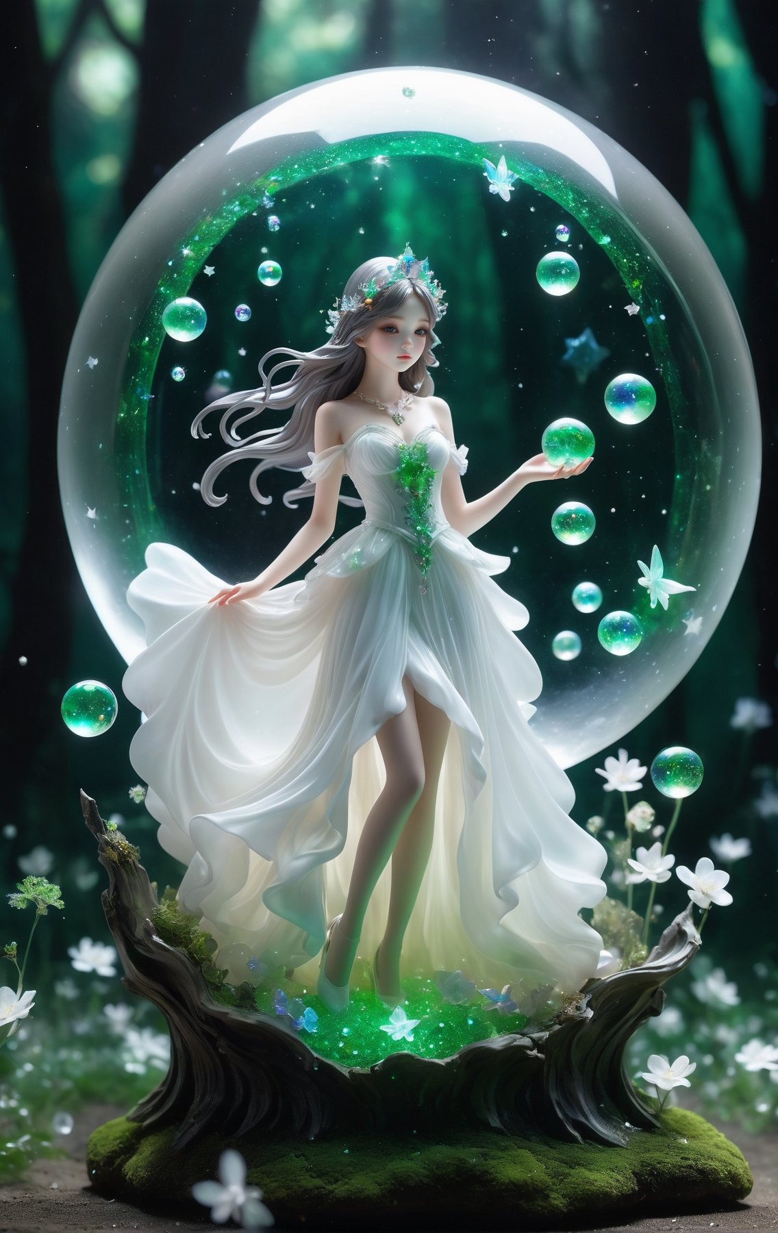  1girl,Fairyland Collection Dark Fairy Witch Spirit Forest with Magic Ball On Crystal Stone Figurine, 
(1girl:1.2),stars in the eyes,(pure girl:1.1),(white dress:1.1),(full body:0.6),There are many scattered luminous petals,bubble,contour deepening,(white_background:1.1),cinematic angle,,underwater,adhesion,green long upper shan, 21yo girl, jiangli