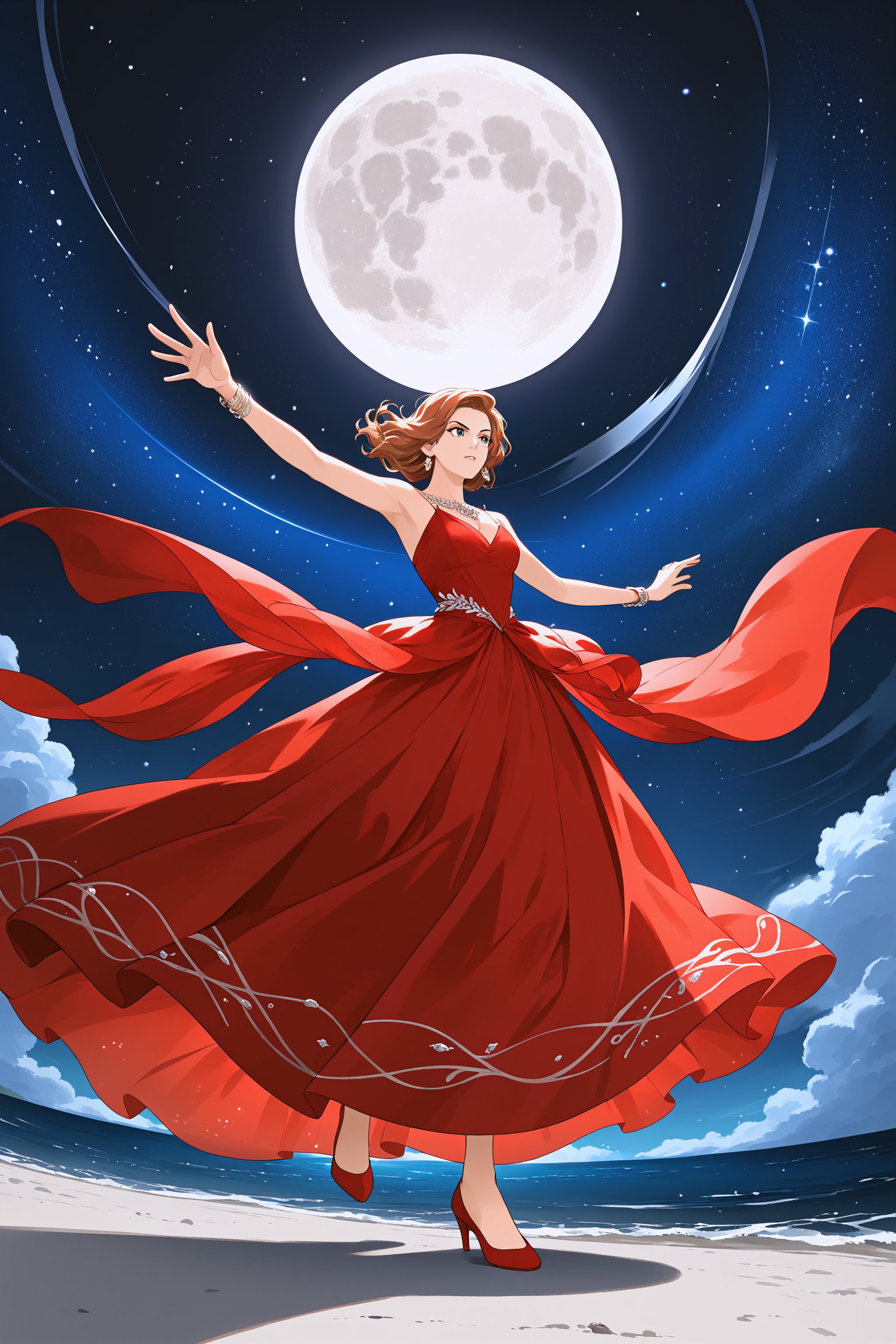  a masterpiece, stunning detail, an action shot, low angle, (top quality)), ((masterpiece)), an elegant lady in transparent long dress dance tango with a man, bracelet, transparent red dress, ,outdoors, full moon, strong wind, outdoors, full body, starry sky, at sea,,outdoors,