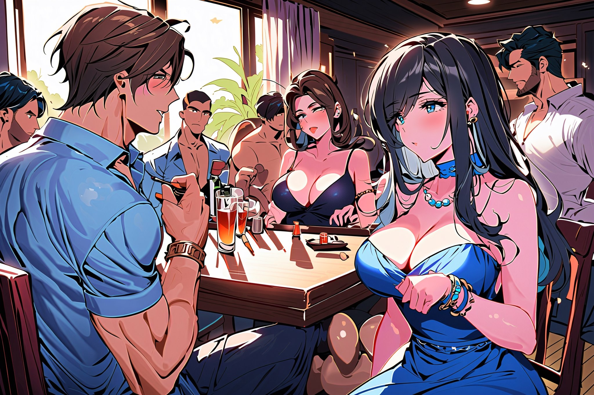  1girl, breasts, multiple girls, large breasts, brown hair, shirt, black hair, 1boy, dress, cleavage, jewelry, sitting, hetero, multiple boys, penis, pants, indoors, looking at another, bracelet, cup, blue dress, bottle, alcohol, drinking glass,