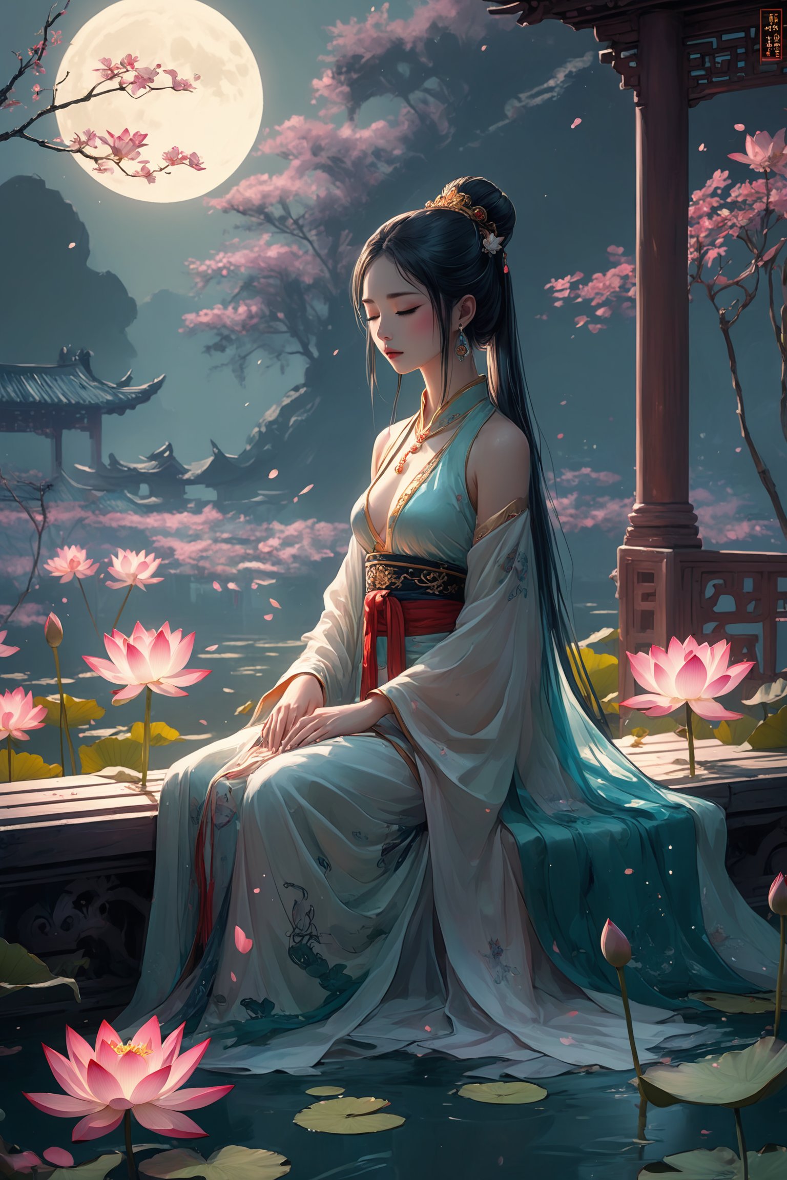 1girl:1.4), solo,((nude:0.75)),(((small breasts:1))), (Glowing ambiance, enchanting radiance, luminous lighting, ethereal atmosphere, mesmerizing glow, evocative hues, captivating coloration, dramatic lighting, enchanting aura), (a girl sitting on a bench in a field of flowers, palace, a girl in hanfu, instagram contest winner, in water up to her shoulders, standing gracefully upon a lotus, inspired by Hua Yan, closing eyes, high priestess tarot card, full-cosplay, nymphaea), ink painting, ((moon:1)), (masterpiece, top quality, best quality, official art, beautiful and aesthetic:1.2), extreme detailed, (chinese style:1.2),theater dance scene,(hypermaximalistic:1.5),colorful,highest detailed,,(Breast size:1.8)