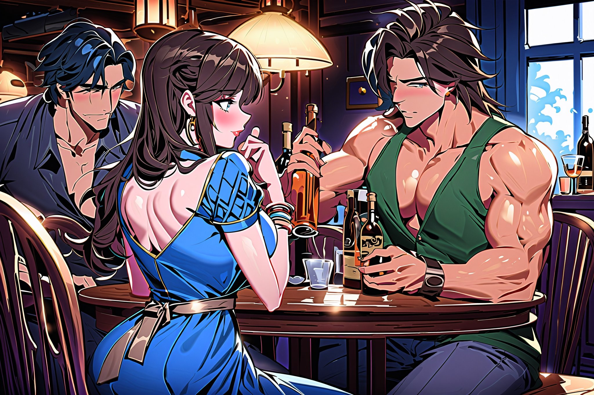  1girl, breasts, multiple girls, large breasts, brown hair, shirt, black hair, 1boy, dress, cleavage, jewelry, sitting, hetero, multiple boys, penis, pants, indoors, looking at another, bracelet, cup, blue dress, bottle, alcohol, drinking glass,