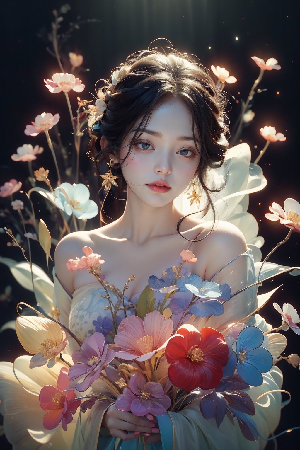In a dreamy and ethereal setting, the woman is depicted floating in a cloud of mist and soft light. Her body is surrounded by delicate flowers that seem to bloom from her very essence, symbolizing the beauty and vitality of femininity. The colors used are pastel and muted, creating a serene and tranquil atmosphere. The composition is organic and flowing, with the woman’s body forming graceful curves that harmonize with the natural elements around her. The overall mood is one of enchantment and mystique, evoking a sense of wonder and reverence for the feminine form.,Transparent Glass Flowers