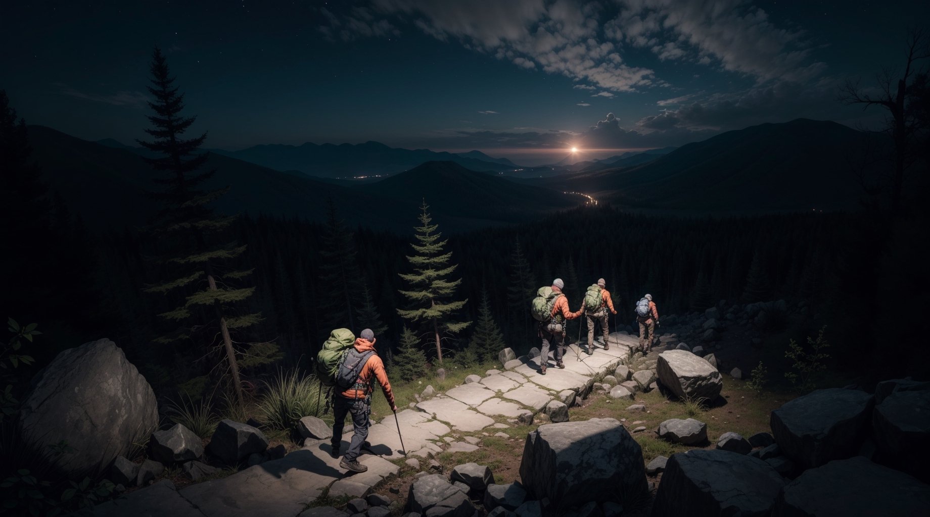 
Four men are heading to the top of a haunted mountain on a dark night. One of them stumbles on a rock and falls to the ground. His friends help him and continue climbing. Design a scary mountain and moving men. High quality.