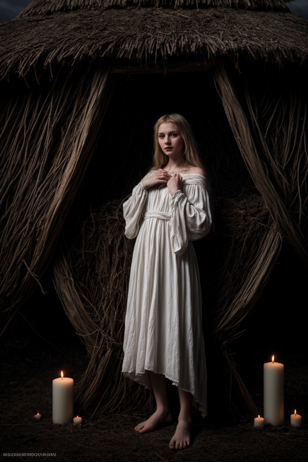 beautiful young Slavic sorceress girl in white standing in a hut and witchcraft , in East Slavic setting, medieval atmosphere, dark fantasy, mystical style, dramatic light, ultra-realistic photo, super quality, wide angle format, gloomy atmosphere of dark fantasy, poses beautifully on camera as a model for a magazine realistic, masterpiece, highest quality