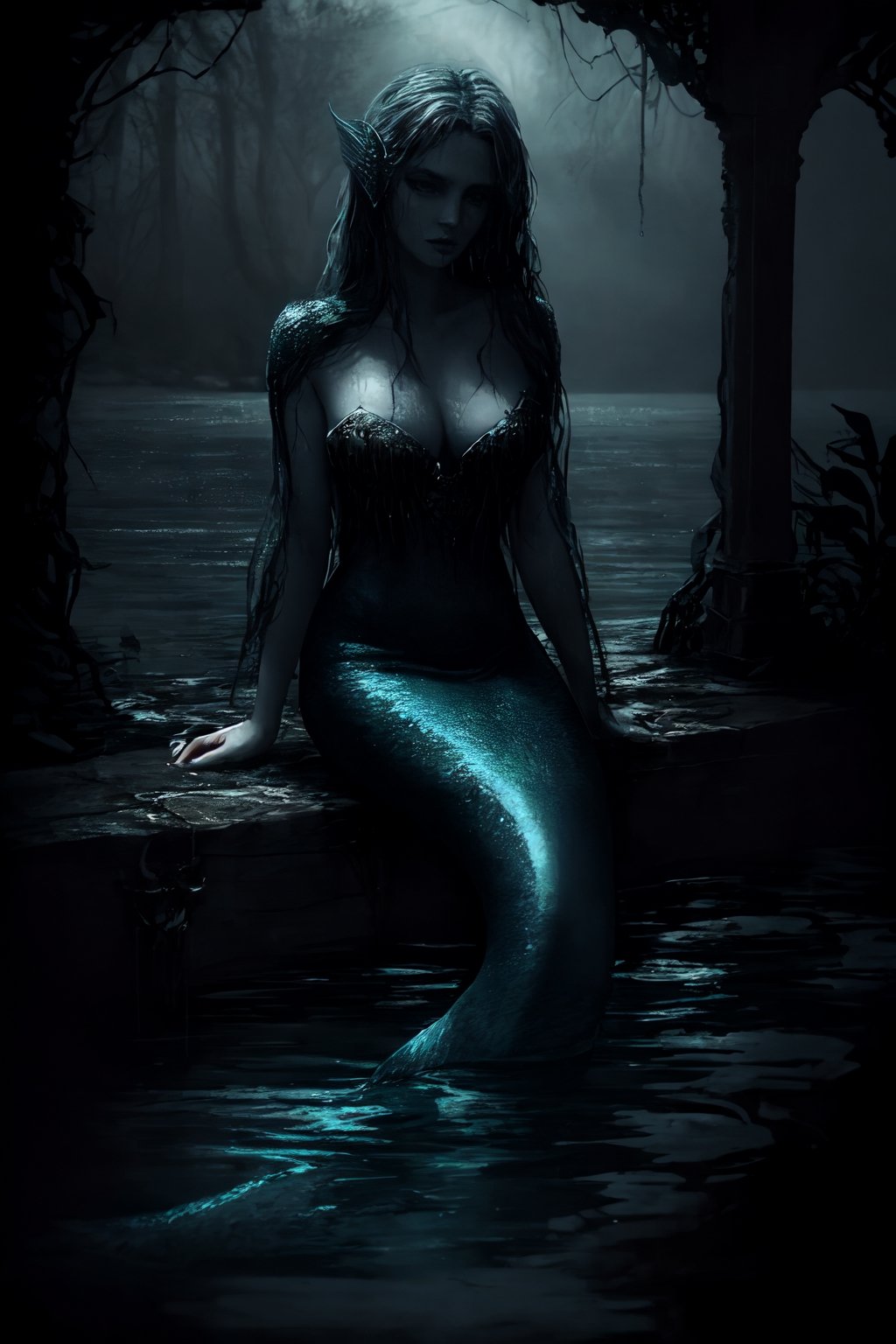 expressive style, Beautiful mermaid on a lake, wet and dense, mysterious, siren, unholy, creepy, horror, dark, intricate design and details, dramatic lighting, photorealistic, cinematic, 8k