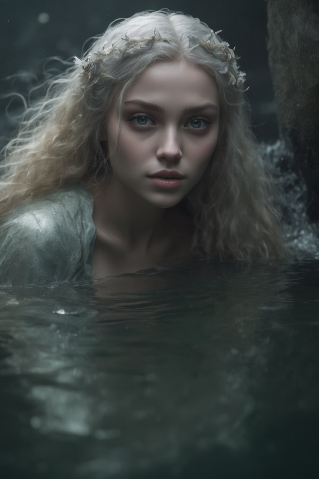 Vodyanitsa is a resident of rivers and other pools, Slavic mythology, beautiful, forever young girls, like mermaids. They have pale skin and hair with a greenish tint, a wet transparent long shirt, mill whirlpools,(detail), (complex), ( 8k), (perfect detail for the eyes), best quality, masterpiece, darkness, atmosphere