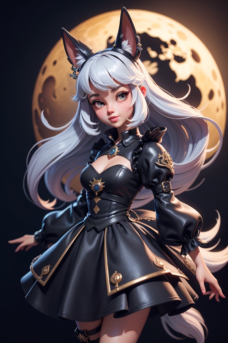 3dmm style,(masterpiece, best quality:1.4), midnight, cool, vivid, mesmerizing, 1girl, dress, dog ears, moon, full body