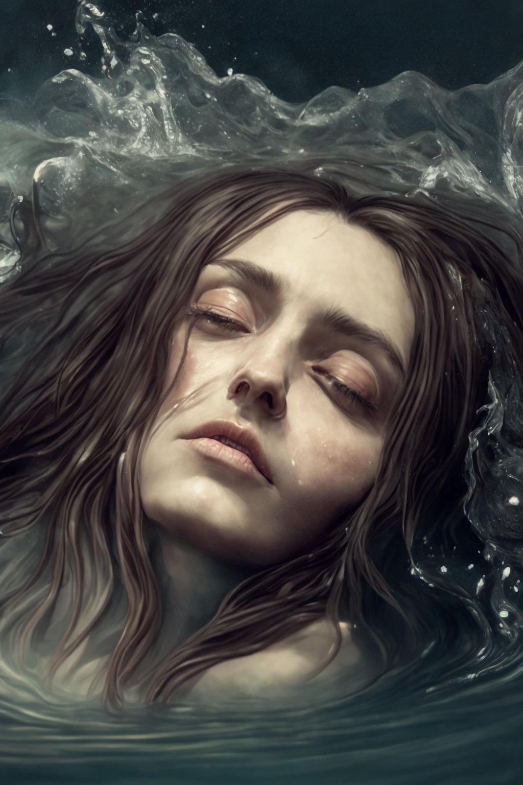 Vodyanitsa is a resident of rivers and other pools, Slavic mythology, beautiful, forever young girls, like mermaids. They have pale skin and hair with a greenish tint, a wet transparent long shirt, mill whirlpools,(detail), (complex), ( 8k), (perfect detail for the eyes), best quality, masterpiece, darkness, atmosphere