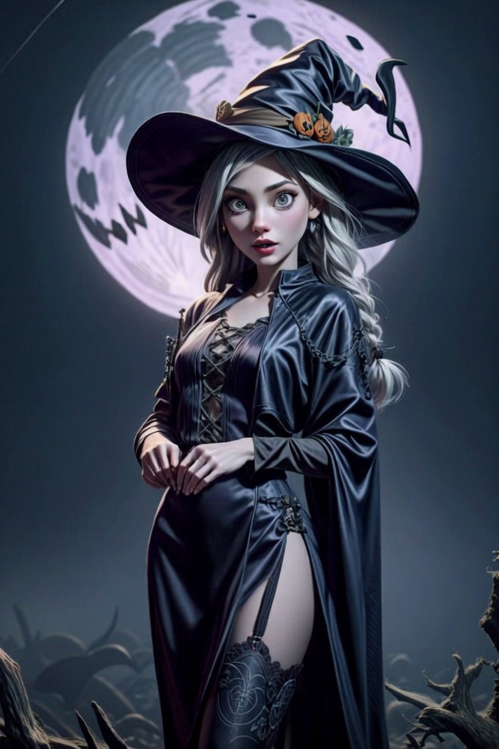 masterpiece, best quality, incrshlwn, witch hat, halloween, halloween costume, night sky, cowboy shot, dress, thighhighs, IncrsAhri, braid, fox tail, multiple tails,horror,realhands