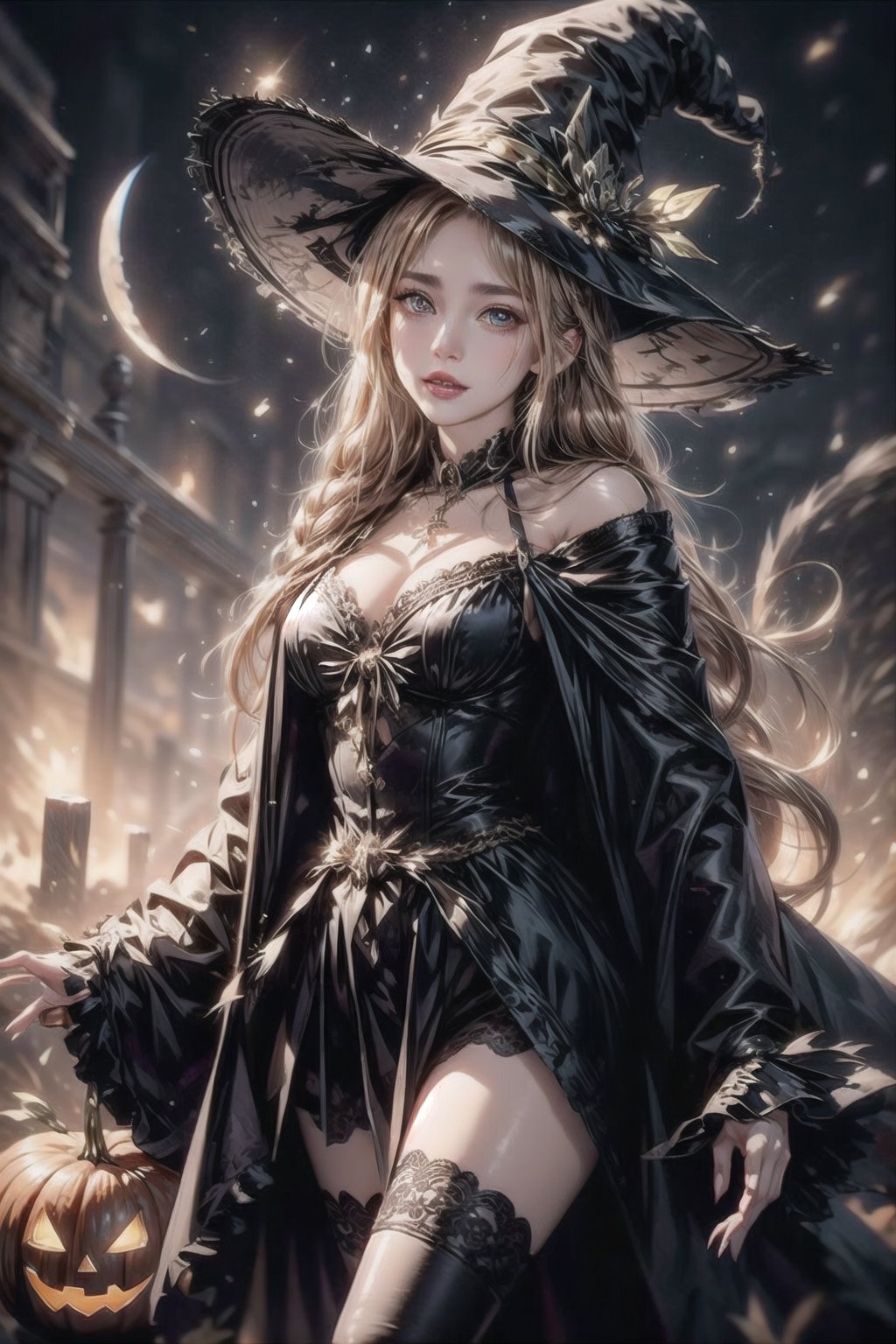 masterpiece, best quality, incrshlwn, witch hat, halloween, halloween costume, night sky, cowboy shot, dress, thighhighs, IncrsAhri, braid, fox tail, multiple tails,horror,realhands