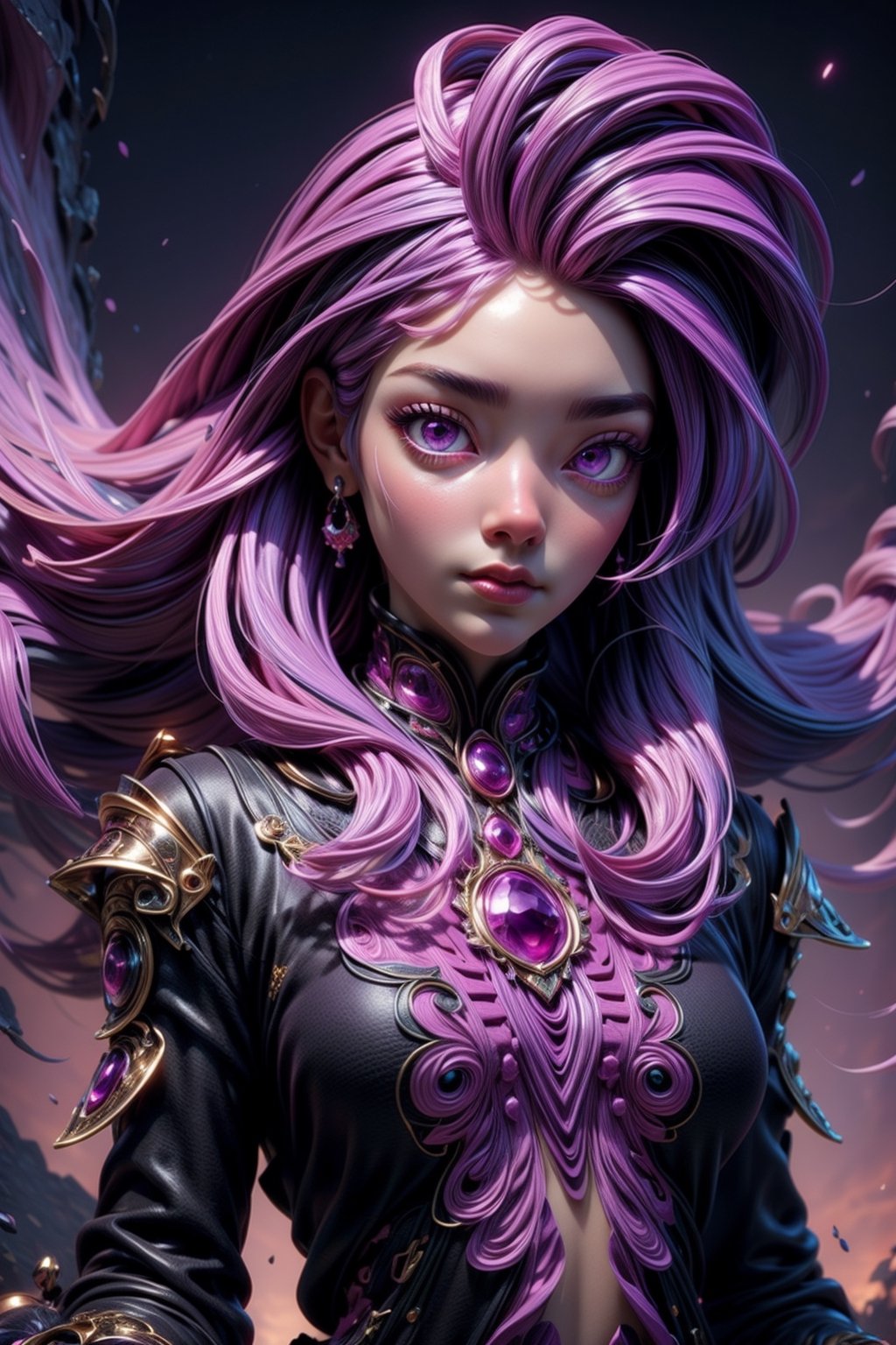 3dmm style,(masterpiece, top quality, best quality, official art, beautiful and aesthetic:1.2), (fractal art:1.3), 1girl, beautiful, high detailed, purple hair with a hint of pink, pink eyes, dark lighting, serious face, looking the sky, sky, medium shot, black sweater, jewelry,High detailed ,Color magic