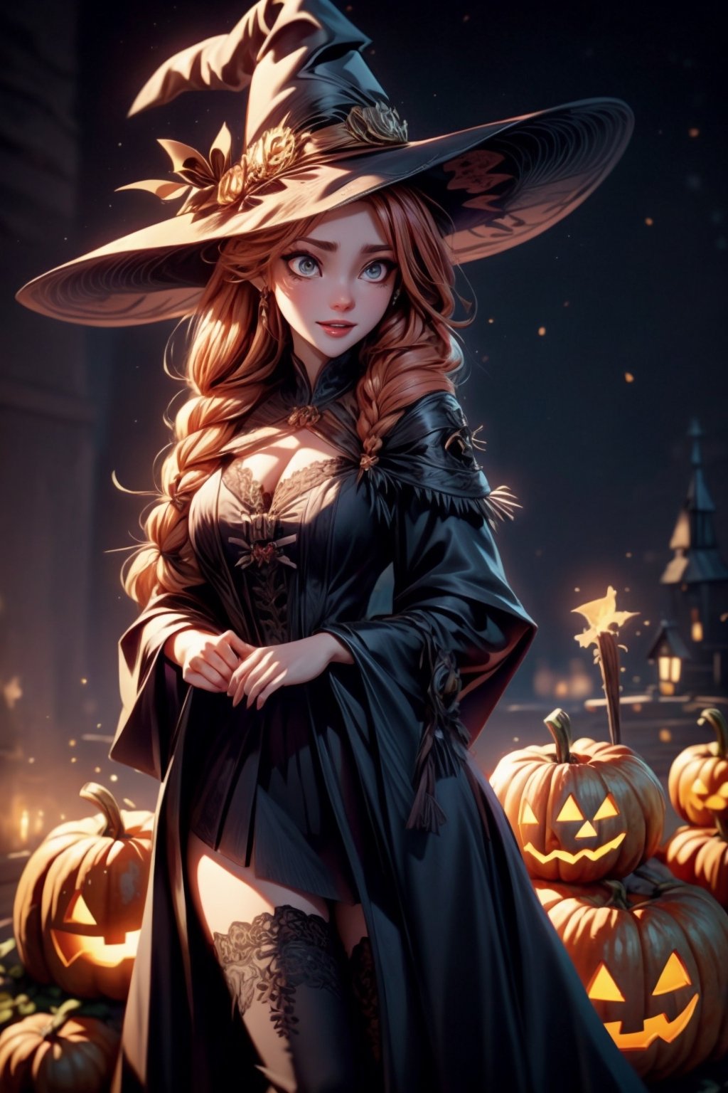 masterpiece, best quality, incrshlwn, witch hat, halloween, halloween costume, night sky, cowboy shot, dress, thighhighs, IncrsAhri, braid, fox tail, multiple tails,horror,realhands