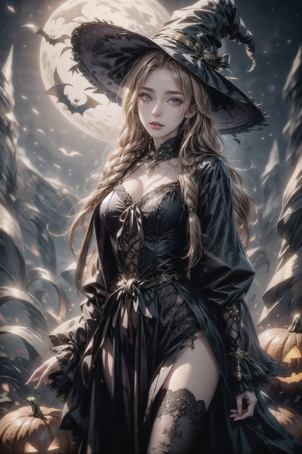 masterpiece, best quality, incrshlwn, witch hat, halloween, halloween costume, night sky, cowboy shot, dress, thighhighs, IncrsAhri, braid, fox tail, multiple tails,horror,realhands