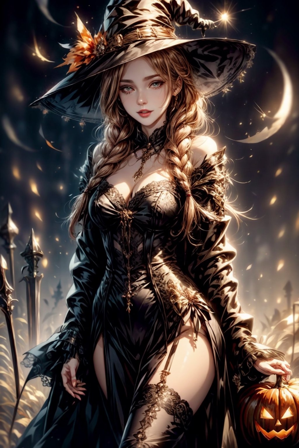 masterpiece, best quality, incrshlwn, witch hat, halloween, halloween costume, night sky, cowboy shot, dress, thighhighs, IncrsAhri, braid, fox tail, multiple tails,horror,realhands