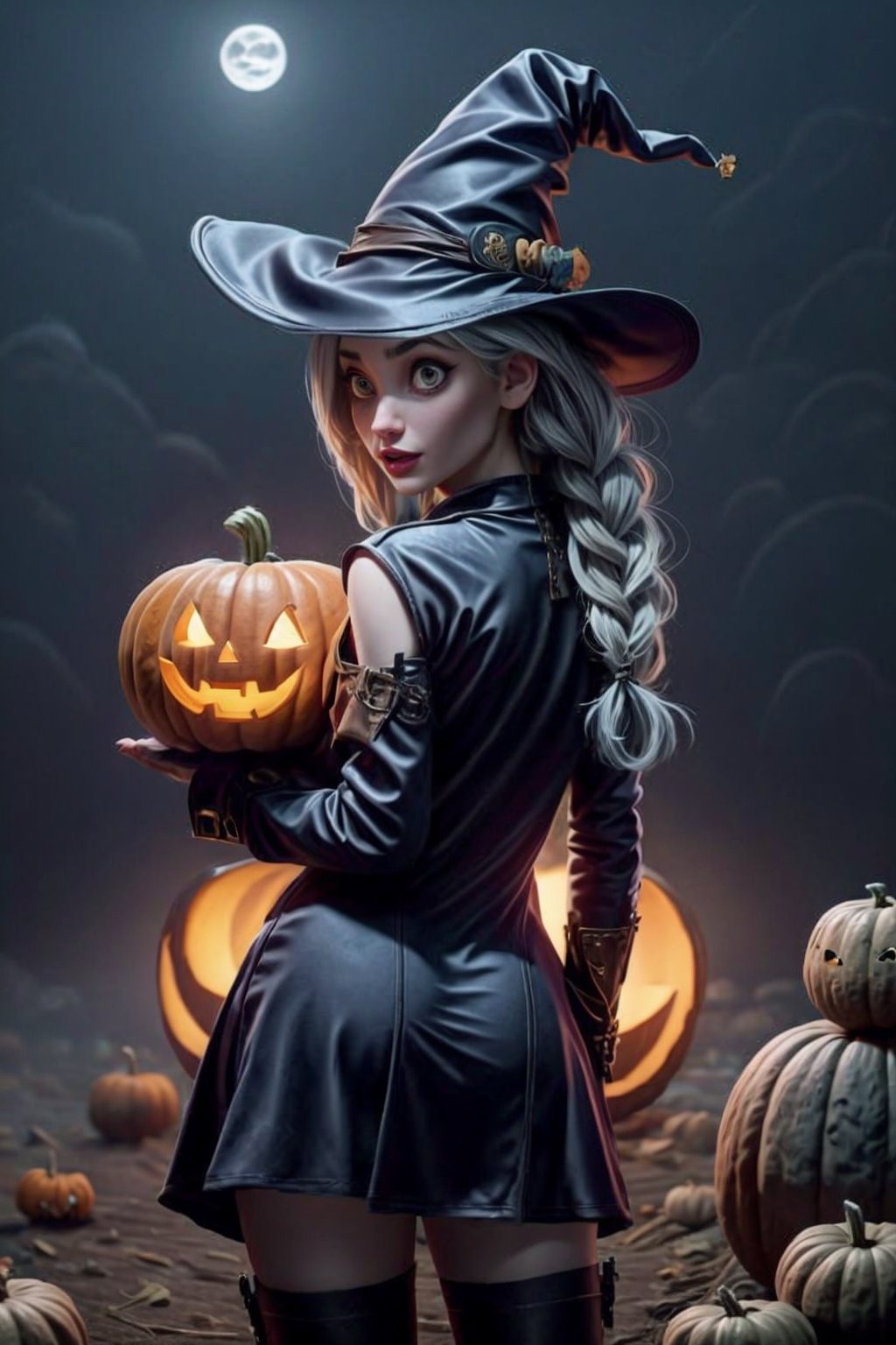 masterpiece, best quality, incrshlwn, witch hat, halloween, halloween costume, night sky, cowboy shot, dress, thighhighs, IncrsAhri, braid, fox tail, multiple tails,horror,realhands