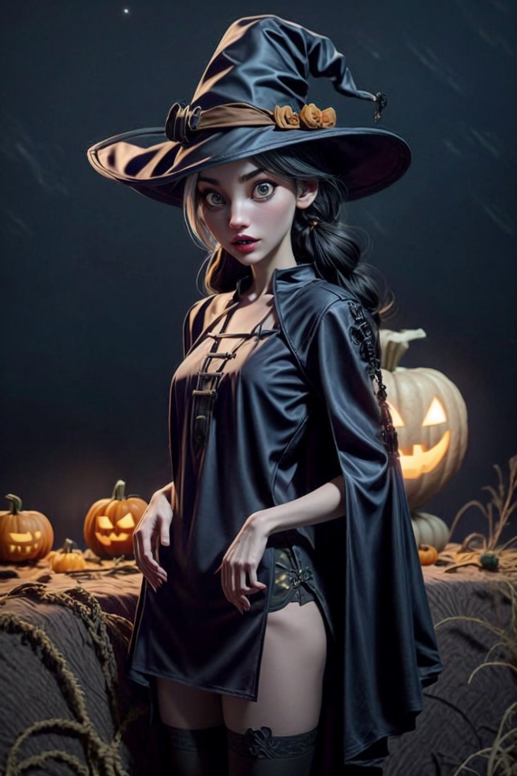 masterpiece, best quality, incrshlwn, witch hat, halloween, halloween costume, night sky, cowboy shot, dress, thighhighs, IncrsAhri, braid, fox tail, multiple tails,horror,realhands