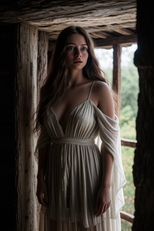 A mesmerizing woman in a gossamer, off-white dress emerges as the central focal point of a dimly lit, cavernous interior of an aged wooden hut. Her lustrous, chestnut hair cascades in unruly waves, framing a face of porcelain-like clarity. Deep-set hazel eyes, intense and penetrating, seem to shimmer with an inner light. Her lips, slightly parted, carry a shade of muted rose, and her skin, flawless and luminescent, stands in stark juxtaposition to the rugged environment.

The backdrop is dominated by time-worn wooden logs and planks, their textures rough and grooved from years of exposure to the elements. Cobwebs, barely visible, cling to the corners, hinting at the passage of time and neglect. In the forefront, remnants of ashen wood rest, remnants of a fireplace, its purpose long forgotten. Adjacent to it, the hazy outlines of primitive tools and structures suggest traces of past habitation or arcane ceremonies.

The entirety of the scene is steeped in profound mysticism. Every intricate detail, from the subtle ripples in her dress to the spectral play of light and shadow, weaves a tale of enchantment, solitude, and timeless beauty.

You can also add additional keywords to your query, such as:

woman
dress
hut
forest
night
magic
mystery
enchantment
solitude
beauty