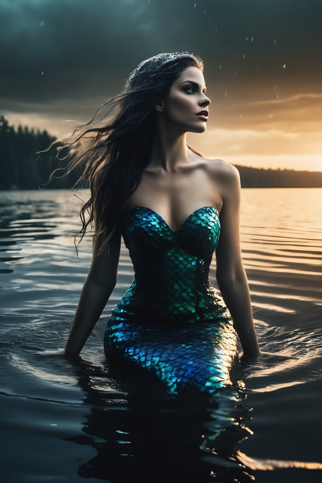 expressive style, Beautiful mermaid on a lake, wet and dense, mysterious, siren, unholy, creepy, horror, dark, intricate design and details, dramatic lighting, photorealistic, cinematic, 8k