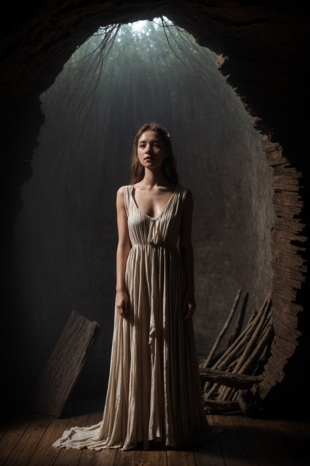 A mesmerizing woman in a gossamer, off-white dress emerges as the central focal point of a dimly lit, cavernous interior of an aged wooden hut. Her lustrous, chestnut hair cascades in unruly waves, framing a face of porcelain-like clarity. Deep-set hazel eyes, intense and penetrating, seem to shimmer with an inner light. Her lips, slightly parted, carry a shade of muted rose, and her skin, flawless and luminescent, stands in stark juxtaposition to the rugged environment.

The backdrop is dominated by time-worn wooden logs and planks, their textures rough and grooved from years of exposure to the elements. Cobwebs, barely visible, cling to the corners, hinting at the passage of time and neglect. In the forefront, remnants of ashen wood rest, remnants of a fireplace, its purpose long forgotten. Adjacent to it, the hazy outlines of primitive tools and structures suggest traces of past habitation or arcane ceremonies.

The entirety of the scene is steeped in profound mysticism. Every intricate detail, from the subtle ripples in her dress to the spectral play of light and shadow, weaves a tale of enchantment, solitude, and timeless beauty.

You can also add additional keywords to your query, such as:

woman
dress
hut
forest
night
magic
mystery
enchantment
solitude
beauty