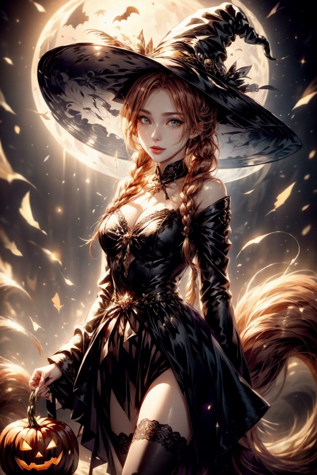 masterpiece, best quality, incrshlwn, witch hat, halloween, halloween costume, night sky, cowboy shot, dress, thighhighs, IncrsAhri, braid, fox tail, multiple tails,horror,realhands