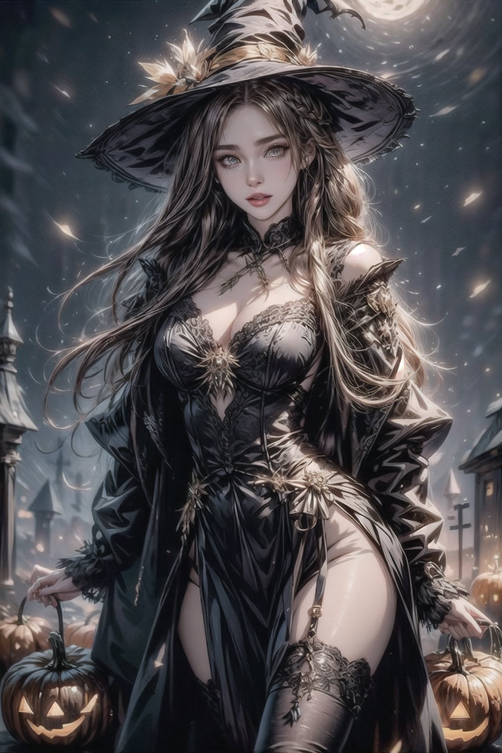 masterpiece, best quality, incrshlwn, witch hat, halloween, halloween costume, night sky, cowboy shot, dress, thighhighs, IncrsAhri, braid, fox tail, multiple tails,horror,realhands