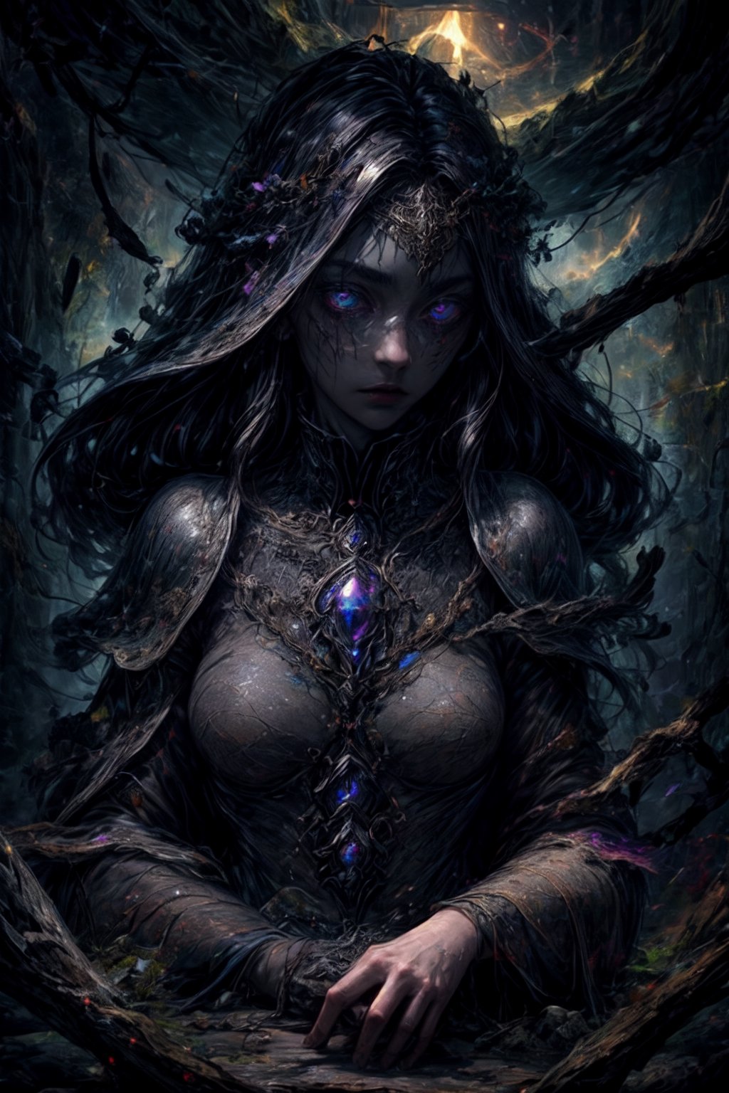 Within the dense, ancient forest stands a secluded East Slavic hut, its door creaking open to reveal the captivating presence of a Slavic sorceress. Her intense gaze emanates from radiant skin, contrasting with her raven-black hair. She's draped in an ethereal robe, adorned with gleaming silver jewelry studded with luminous gemstones. In her grasp is an ornate staff that pulsates with arcane energy. The hut's wooden walls, etched with cryptic runes, are sporadically illuminated by candles casting eerie shadows. Among the artifacts in the room are scrolls of ancient knowledge, potions simmering with mystical contents, and bones arranged in enigmatic patterns. Outside, an ominous storm brews, its lightning revealing the sinister silhouette of a raven perched on a windowsill, and cobwebs that hint at the presence of unseen entities. This haunting scene is a confluence of beauty and dark mysticism, where every object and description intertwines to create an enigmatic tableau.
