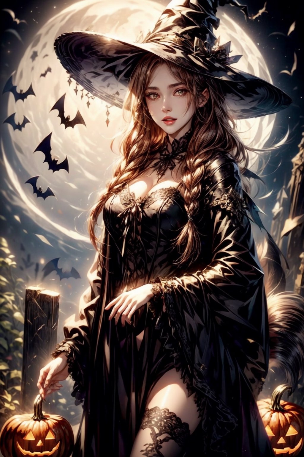 masterpiece, best quality, incrshlwn, witch hat, halloween, halloween costume, night sky, cowboy shot, dress, thighhighs, IncrsAhri, braid, fox tail, multiple tails,horror,realhands