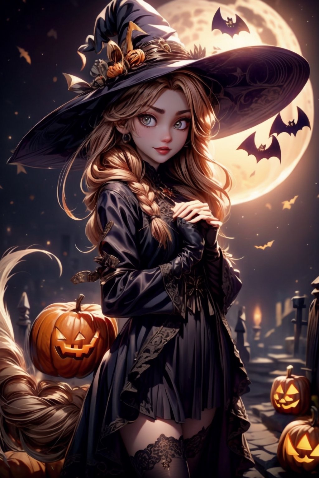 masterpiece, best quality, incrshlwn, witch hat, halloween, halloween costume, night sky, cowboy shot, dress, thighhighs, IncrsAhri, braid, fox tail, multiple tails,horror,realhands