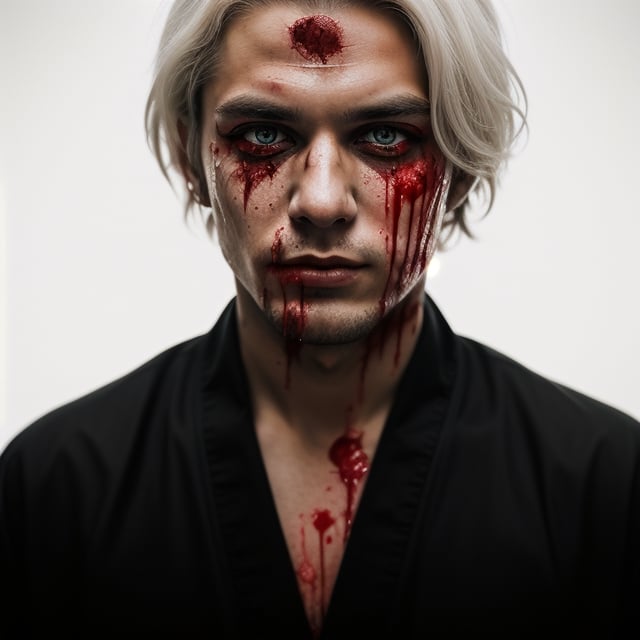 portrait of a evil young man, he has white hair, red eyes, he has blood on his face, he has just killed someone, like album cover of a metal band.he wears a black kimono, Hyper realistic, masterpiece, etheral atmospheric, High resolution, Vibrant, High contrast, 8k, HDR,, he kill someone, determined eyes, evil, horror, blood everywere, portrait in the landscape, makeup black around his eyes. 