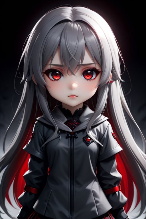 evil chibi girl long hair grey, red eyes, shy and beautiful, hd 4k anime girl. dark atmospher
