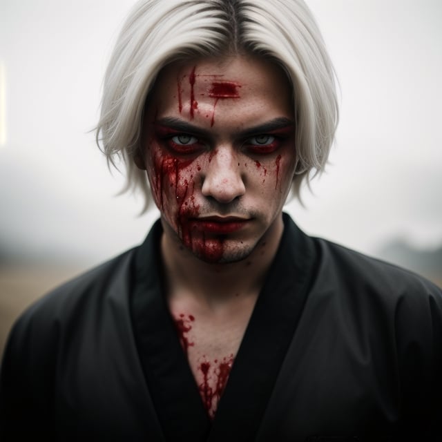 portrait of a evil young man, he has white hair, red eyes, he has blood on his face, he has just killed someone, like album cover of a metal band.he wears a black kimono, Hyper realistic, masterpiece, etheral atmospheric, High resolution, Vibrant, High contrast, 8k, HDR,, he kill someone, determined eyes, evil, horror, blood everywere, portrait in the landscape, makeup black around his eyes. 