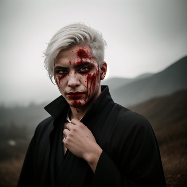 portrait of a evil young man, he has white hair, red eyes, he has blood on his face, he has just killed someone, like album cover of a metal band.he wears a black kimono, Hyper realistic, masterpiece, etheral atmospheric, High resolution, Vibrant, High contrast, 8k, HDR,, he kill someone, determined eyes, evil, horror, blood everywere, portrait in the landscape, makeup black around his eyes. 