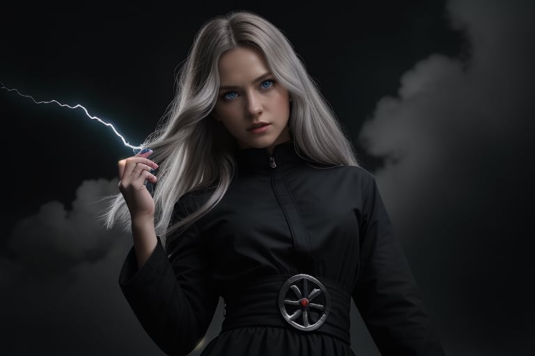 one girl long hair, grey hair, blue eyes, she have a long dress black, she have a lot of power, she has powers around her hands and she doesn't seem to control them at all. she has yellow lightning coming out of her hands. plunged into darkness. chaos everywhere Hyper realistic, masterpiece, etheral atmospheric, High resolution, Vibrant, High contrast, 8k, HDR, in naruto universe