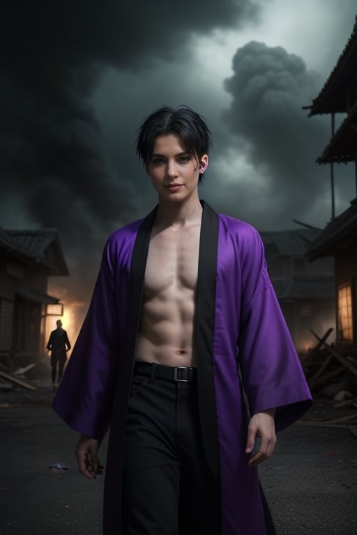 pale skinned young man, evil men, black short hair, purple epic eyes,  cinematic, Film light, long kimono black Hyper detailed, epic, in nightmare landscape,destroy the village, he create a lot of chaos, purple atmospher, Hyper realistic, masterpiece, etheral atmospheric, High resolution, Vibrant, High contrast, 8k, HDR, in naruto universe