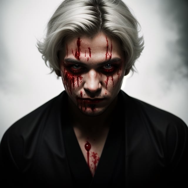 portrait of a evil young man, he has white hair, red eyes, he has blood on his face, he has just killed someone, like album cover of a metal band.he wears a black kimono, Hyper realistic, masterpiece, etheral atmospheric, High resolution, Vibrant, High contrast, 8k, HDR,, he kill someone, determined eyes, evil, horror, blood everywere, portrait in the landscape, makeup black around his eyes. 