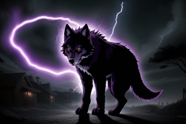 in the naruto universe, anime by Masashi Kishimoto, New creature,, dark, purple, like wolf giant, horror, purple lightning, purple flashes., like kurama dark version. in the village. 4K HD, nightmare, beautiful, epic 
