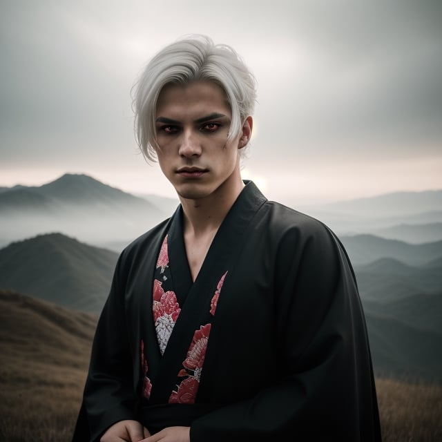 portrait of a evil young man, he has white hair, red eyes, like album cover of a metal band.he wears a black kimono, Hyper realistic, masterpiece, etheral atmospheric, High resolution, Vibrant, High contrast, 8k, HDR,, he kill someone, determined eyes, evil, portrait in the landscape, makeup black around his eyes. 