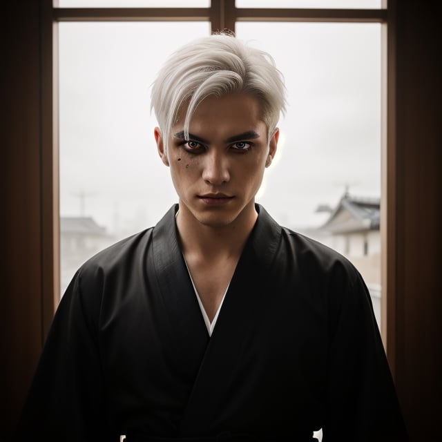 portrait of a evil young man, he has white hair, red eyes, like album cover of a metal band.he wears a black kimono, Hyper realistic, masterpiece, etheral atmospheric, High resolution, Vibrant, High contrast, 8k, HDR,, he kill someone, determined eyes, evil, portrait in the landscape, makeup black around his eyes. 